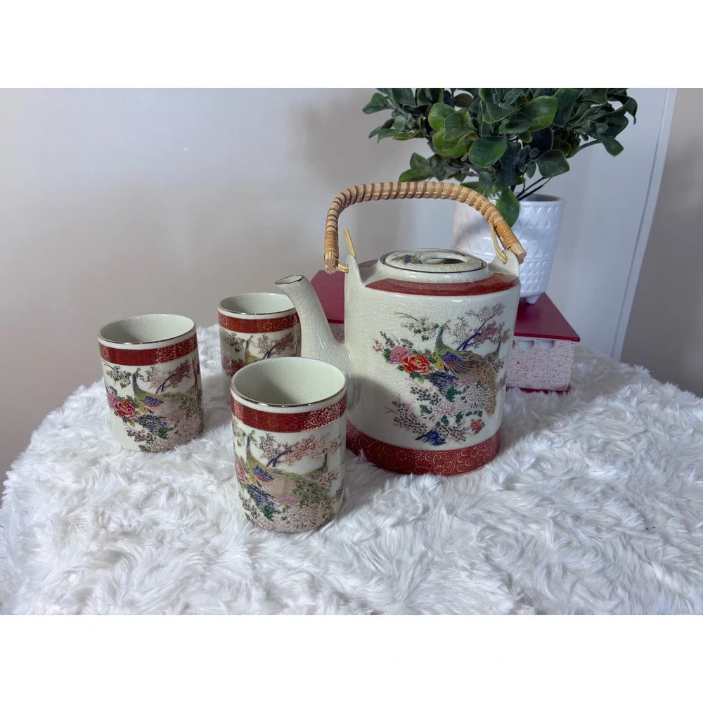 Vintage Peacock Tea Set Teapot 3 Cups Crackle Glaze Japan 1979 Arnart Satsuma